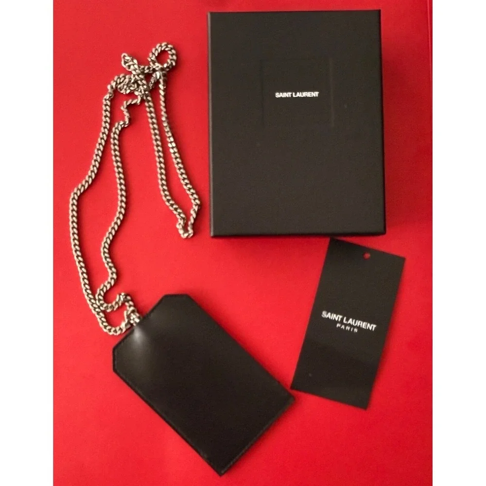 SAINT LAURENT black leather curb chain card holder with keyring